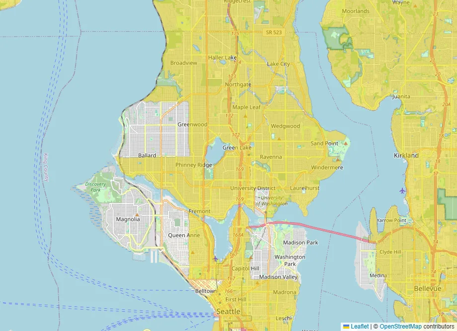 The same Seattle map with flood zones avoided as well. The yellow looks almost exactly the same.