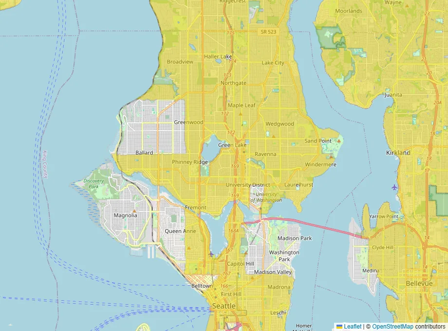 Map of north and central Seattle with yellow shading where a typical three-bedroom rent falls between $1,500 and $3,000 a month.