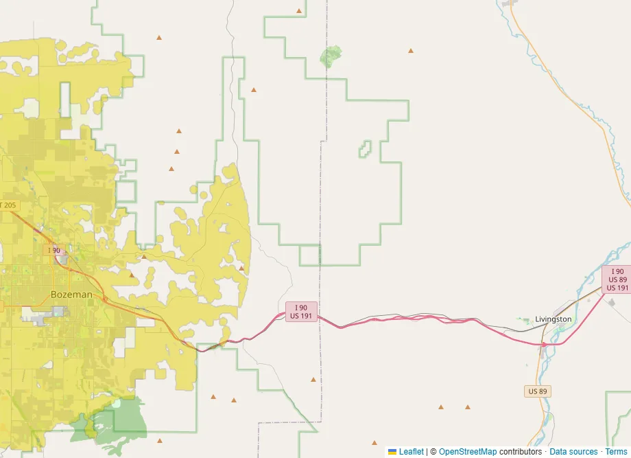 Map of the Gallatin Valley in Montana with yellow shading over Bozeman and its eastern edge, and Livingston, farther east along Interstate 90, unshaded.