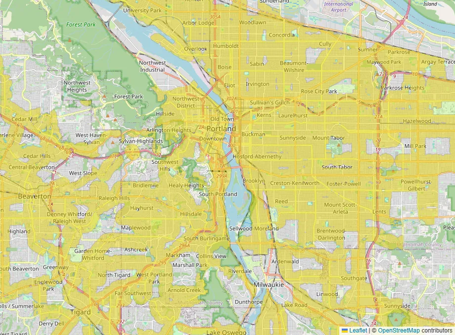 Portland with transit, walkability and grocery access on together. Yellow still covers downtown and most of the east side, with more gaps in the hills and suburbs.