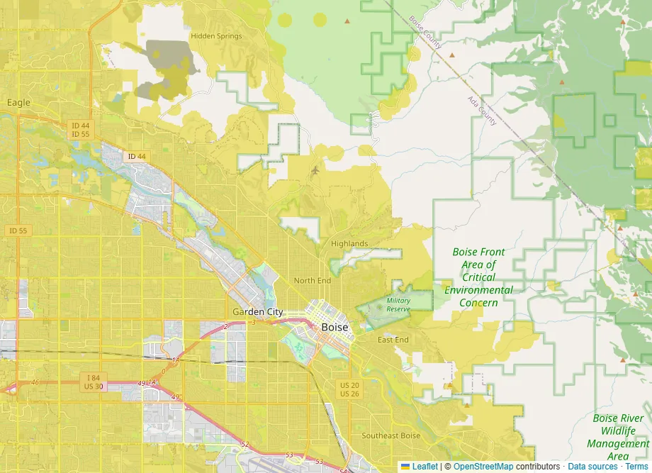 Map of Boise, Idaho, with the crime rate layer on. Yellow covers most of the city, with downtown Boise and some commercial corridors left unshaded.