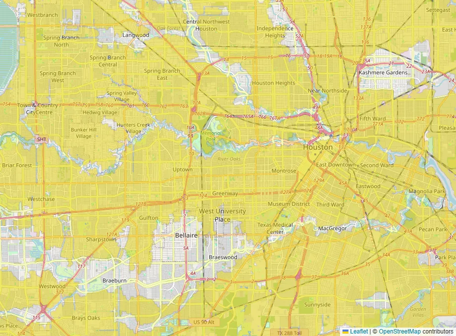 Map of central Houston with yellow over most of the city and unshaded bands along the bayous and around Meyerland and Bellaire.