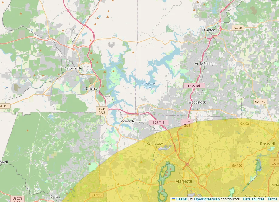Map of Atlanta's northwest suburbs with yellow shading across the southeast corner, ending in a curved edge north of Kennesaw, and the land around Cartersville and Allatoona Lake unshaded.