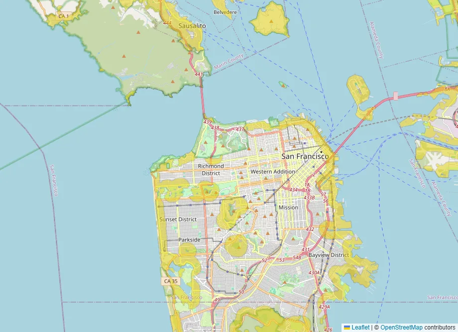 Map of San Francisco with narrow yellow bands along the ocean shore and around large parks, and most of the street grid unshaded.