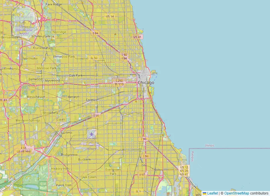 Map of Chicago and its inner suburbs with yellow shading filling the blocks between main roads, and the main roads, expressways and downtown left unshaded.