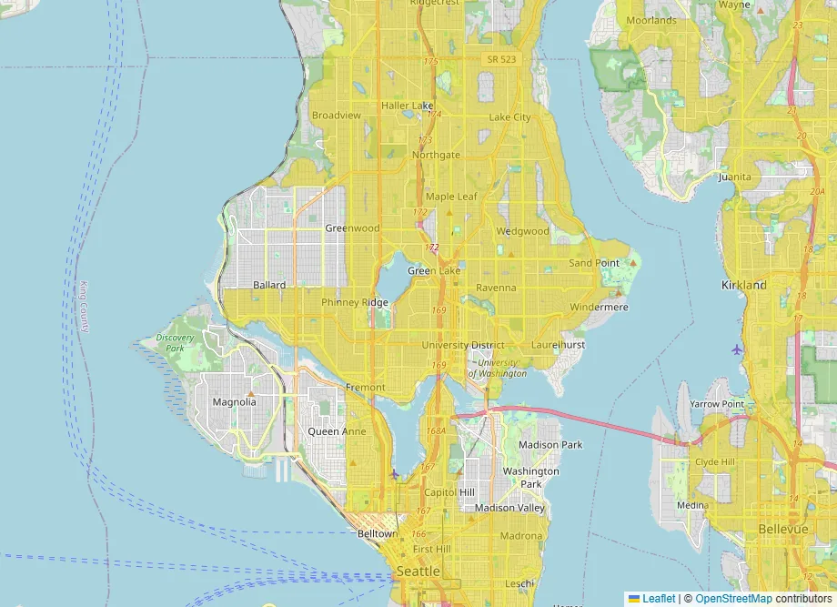 The same Seattle map with rent added. Yellow remains over Lake City and much of the north end but is gone from Magnolia.