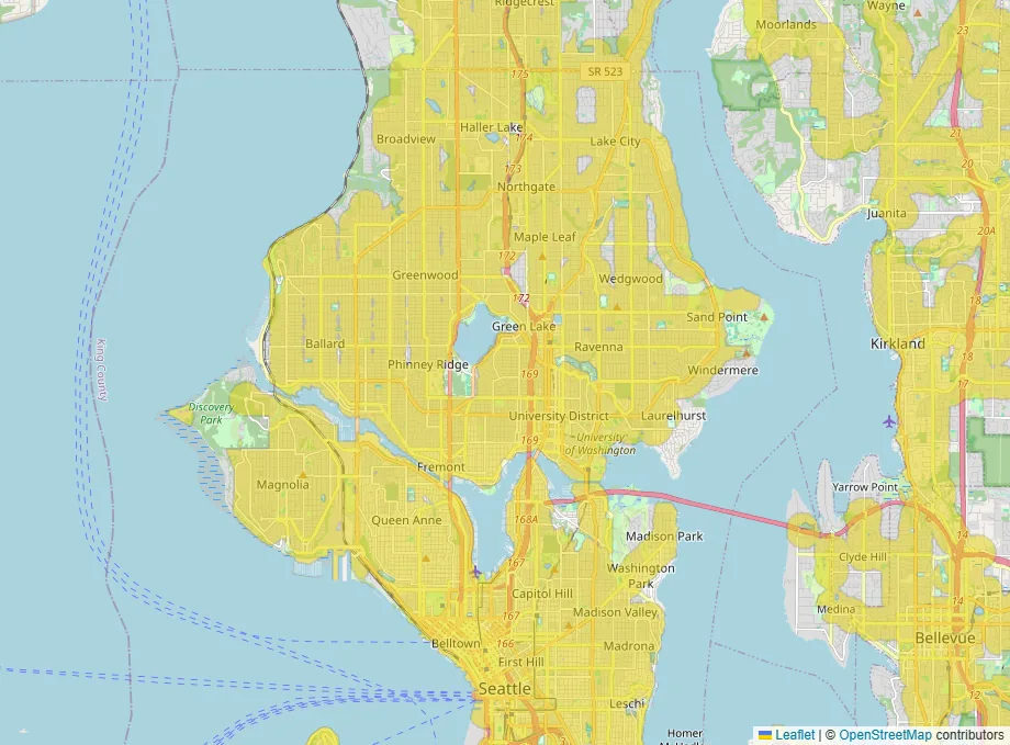 Map of north and central Seattle with yellow shading over nearly every built-up area within a short walk of a bus stop.