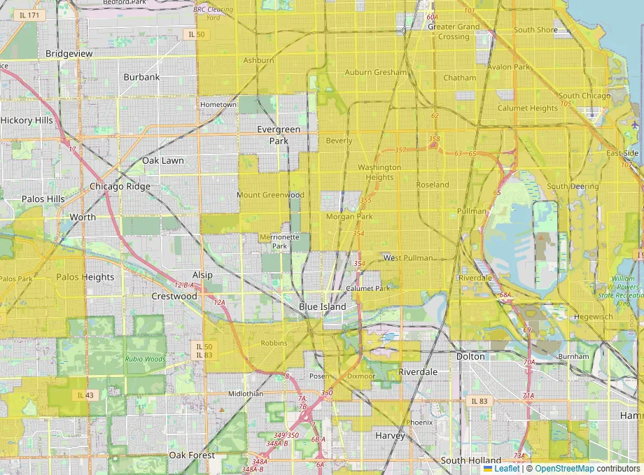 Map of Chicago's South Side and southern suburbs. Yellow covers much of the South Side, while many suburbs to the south and west are unshaded.