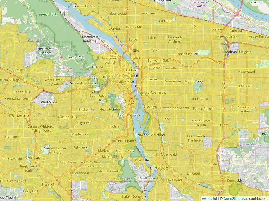 Map of Portland, Oregon, with yellow over most of the city's street grid and gaps in the West Hills, Forest Park and the riverside south of the city.
