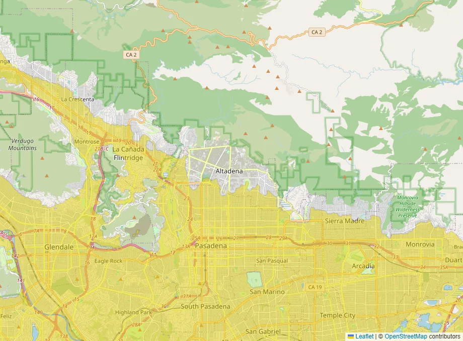Map of Pasadena and Altadena below the San Gabriel Mountains. Yellow covers Pasadena and the flat cities to the south. Altadena and the foothills above it are not shaded.